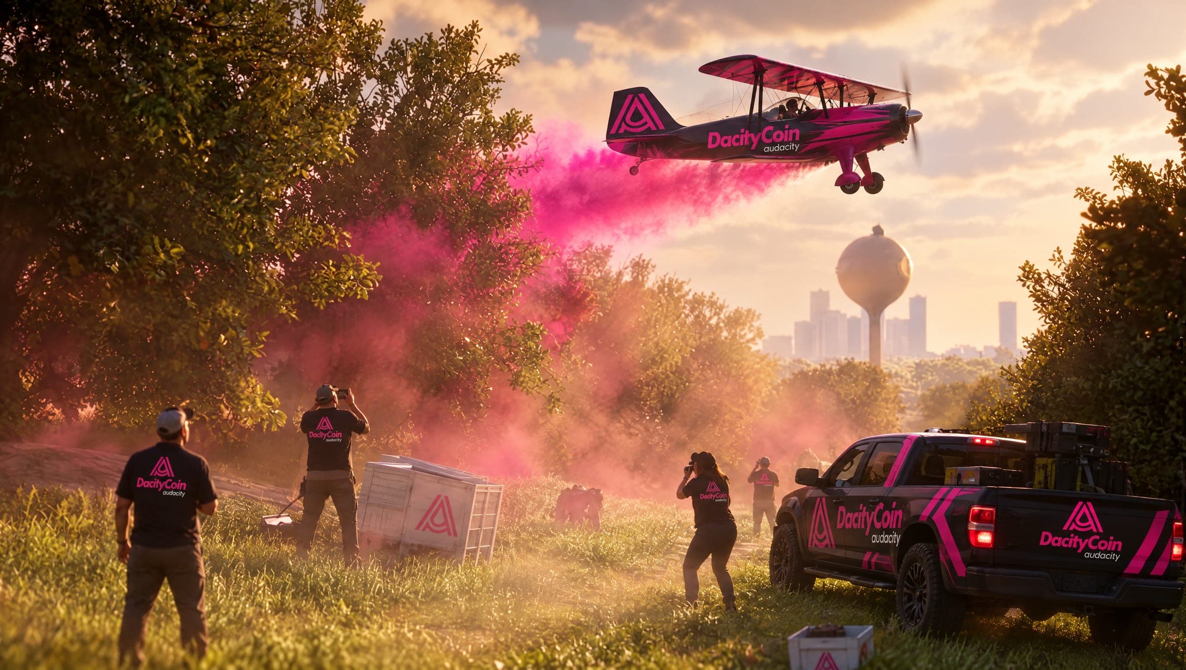 The DacityCoin ground crew filming the pink stunt plane on a low pass